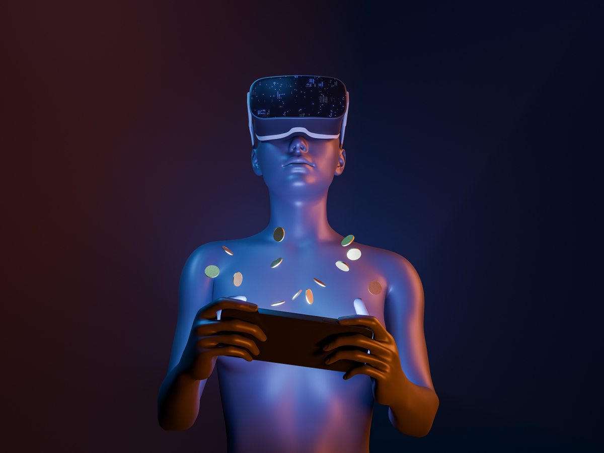 3d girl playing with mobile phone with coins around and VR goggles